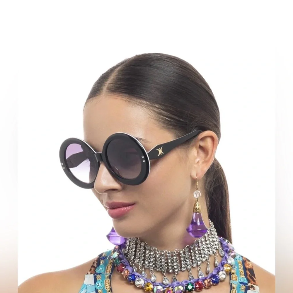 Camilla “Editor in Chief” black oversized round dramatic boho chic sunglasses